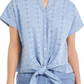 Camisa feminina Charter Club de algodão bordada com amarração frontal, azul, tamanho médio