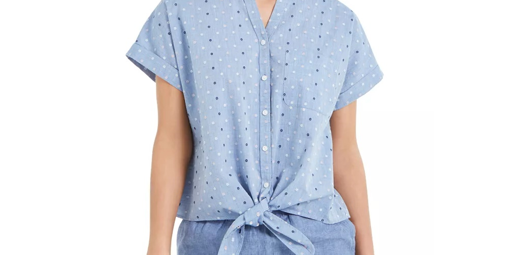 Camisa feminina Charter Club de algodão bordada com amarração frontal, azul, tamanho médio