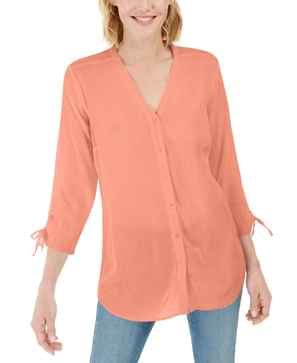 Blusa feminina transparente com mangas amarradas, tamanho grande, rosa médio, Charter Club