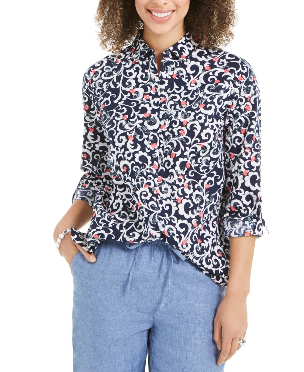 Camisa feminina Charter Club com estampa floral, manga curta, mistura de linho, azul, tamanho médio