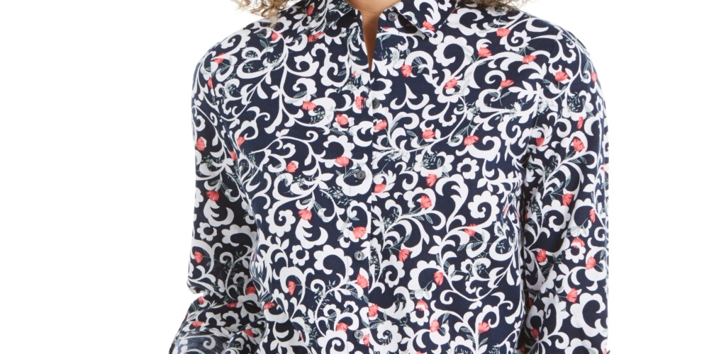 Camisa feminina Charter Club com estampa floral, manga curta, mistura de linho, azul, tamanho médio