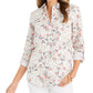 Camisa feminina Charter Club com estampa floral, manga curta, mistura de linho, branca, tamanho X-S