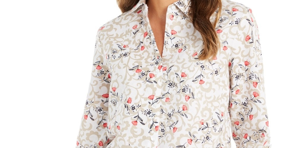 Camisa feminina Charter Club com estampa floral, manga curta, mistura de linho, branca, tamanho X-S