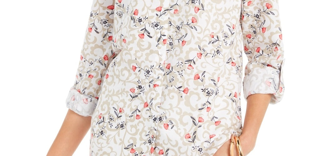 Camisa feminina Charter Club com estampa floral, manga curta, mistura de linho, branca, tamanho X-S