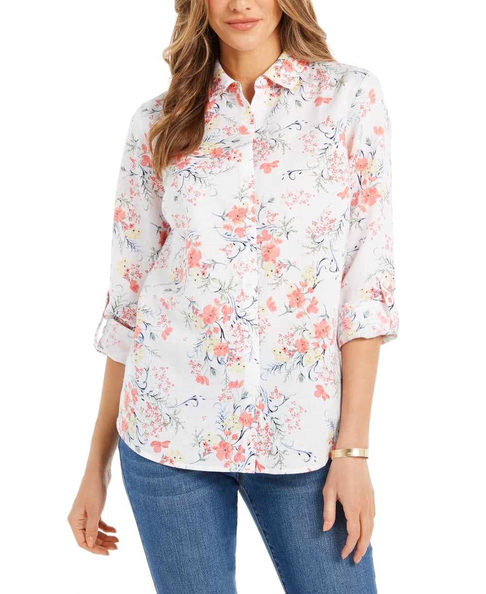 Camisa feminina Charter Club estampada com mangas enroladas e botões frontais em mistura de linho, branca, tamanho pequeno