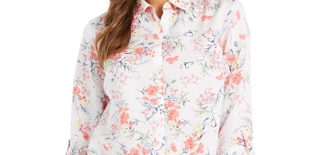 Camisa feminina Charter Club estampada com mangas enroladas e botões frontais em mistura de linho, branca, tamanho pequeno