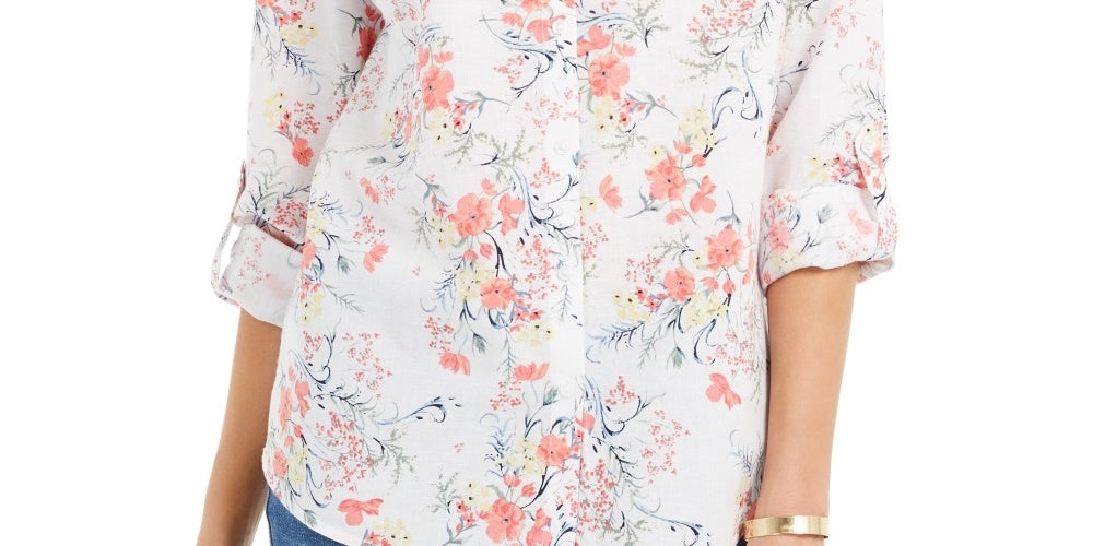 Camisa feminina Charter Club estampada com mangas enroladas e botões frontais em mistura de linho, branca, tamanho pequeno
