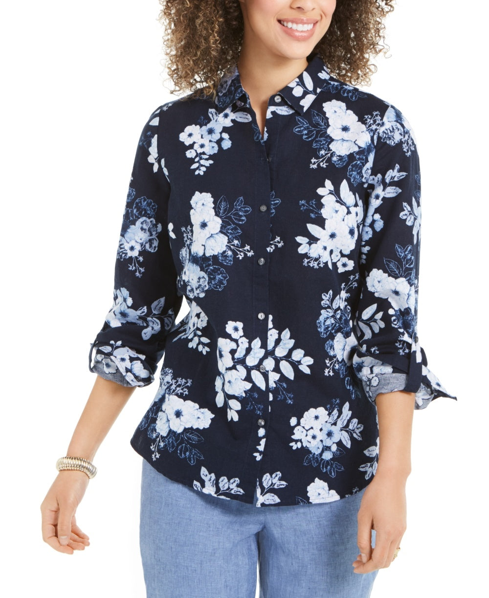 Camisa feminina Charter Club com estampa floral e mistura de linho, azul, tamanho XX-G