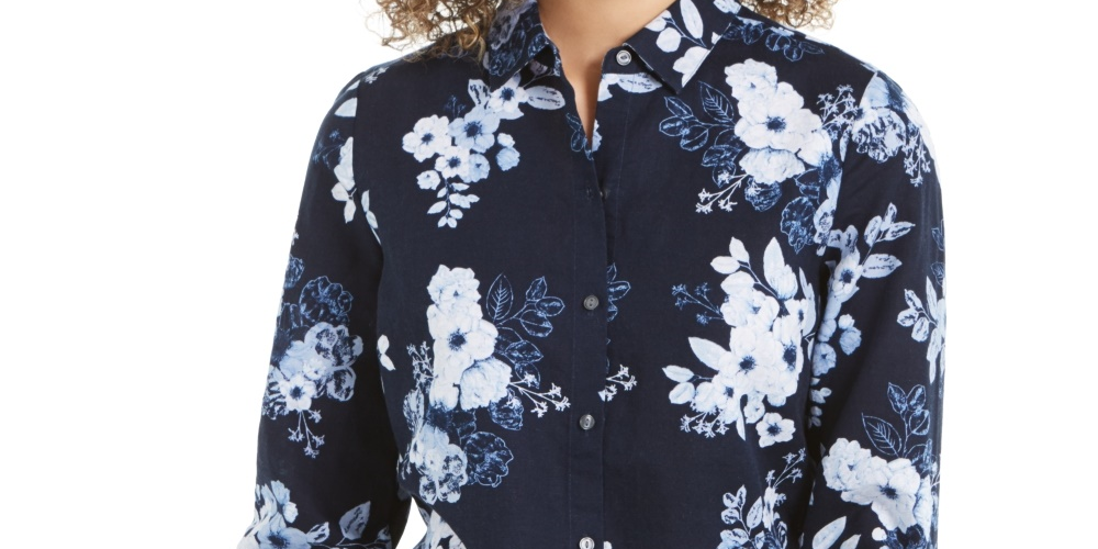 Camisa feminina Charter Club com estampa floral e mistura de linho, azul, tamanho XX-G