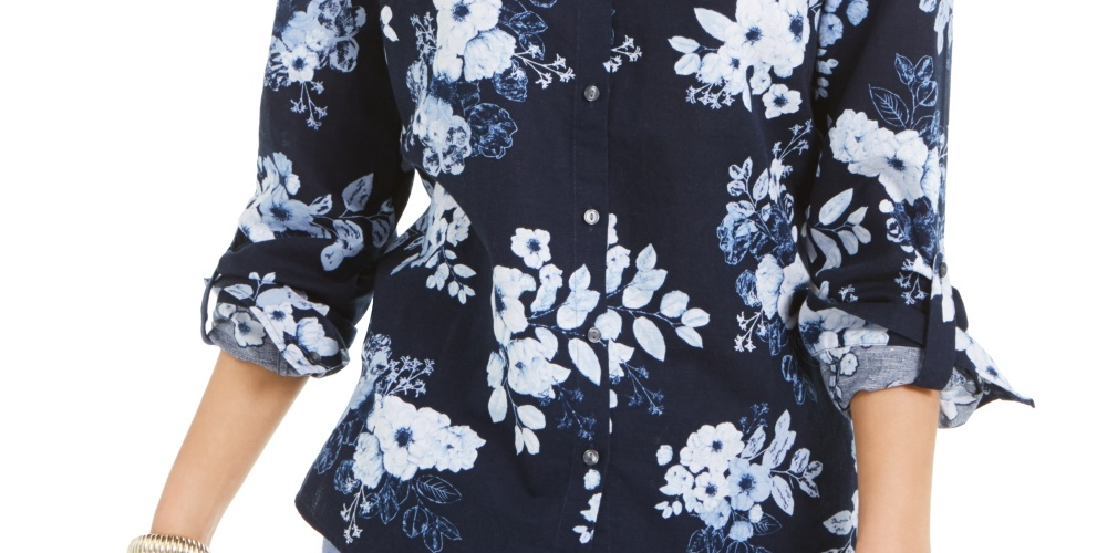 Camisa feminina Charter Club com estampa floral e mistura de linho, azul, tamanho XX-G