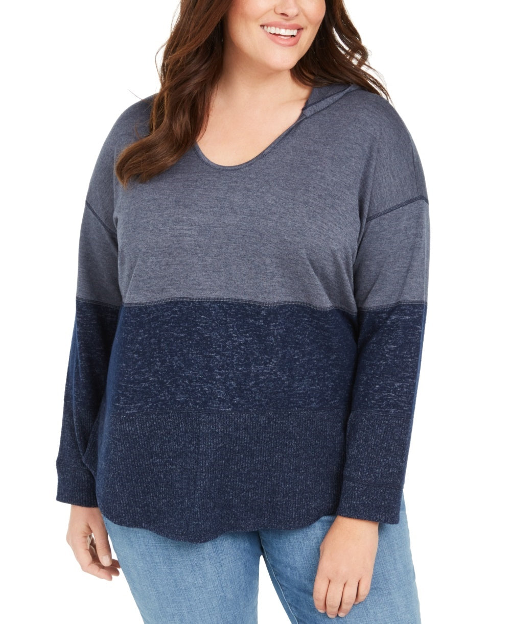 Moletom com capuz feminino plus size com blocos de cores estilo &amp; co, azul-marinho, tamanho 1X