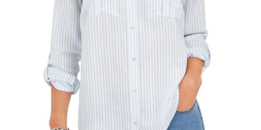 Camisa feminina listrada texturizada com botões Charter Club, azul, tamanho X-S