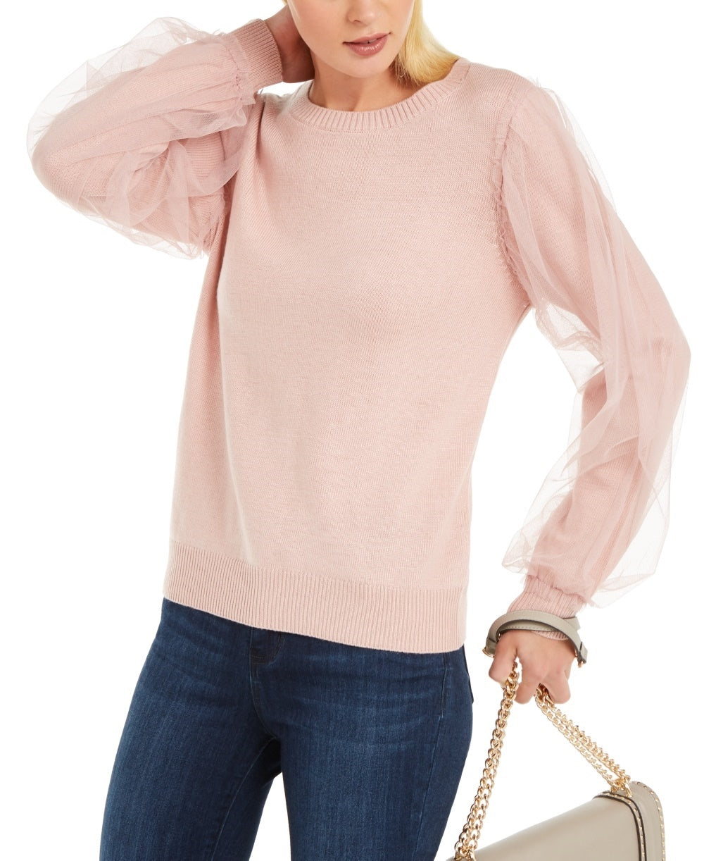 Suéter feminino com manga de tule INC International Concepts, rosa, tamanho grande