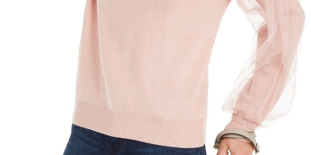 Suéter feminino com manga de tule INC International Concepts, rosa, tamanho grande