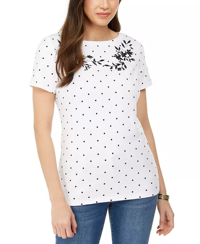 Karen Scott Blusa feminina de algodão com decote canoa e estampa bordada, tamanho médio, branca