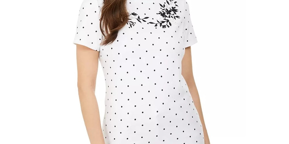 Karen Scott Blusa feminina de algodão com decote canoa e estampa bordada, tamanho médio, branca