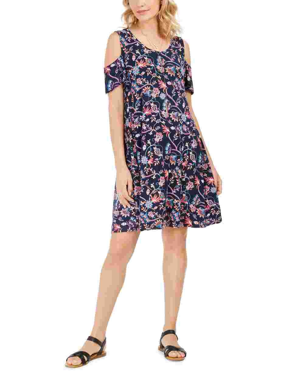 Vestido feminino estilo &amp; co com estampa de ombro vazado e alças finas, tamanho grande, azul marinho