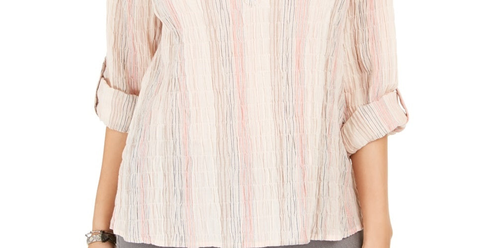 Blusa listrada com decote aberto e manga curta feminina Style &amp; Co, rosa, tamanho pequeno