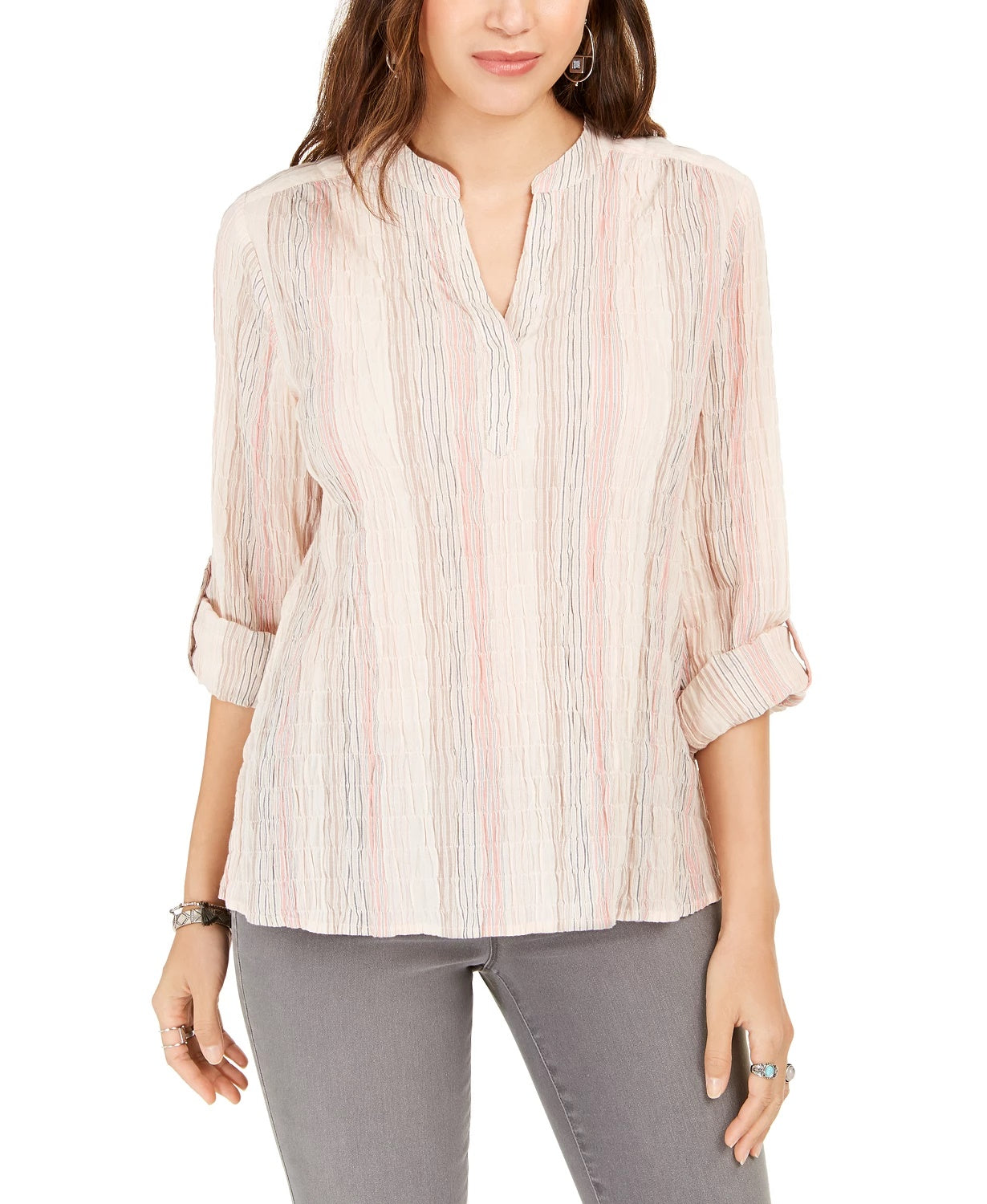 Blusa listrada com decote aberto e manga curta feminina Style &amp; Co, tamanho X-G
