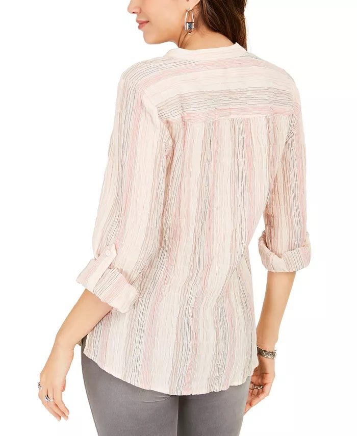 Blusa listrada com decote aberto e manga curta feminina Style &amp; Co, tamanho X-G