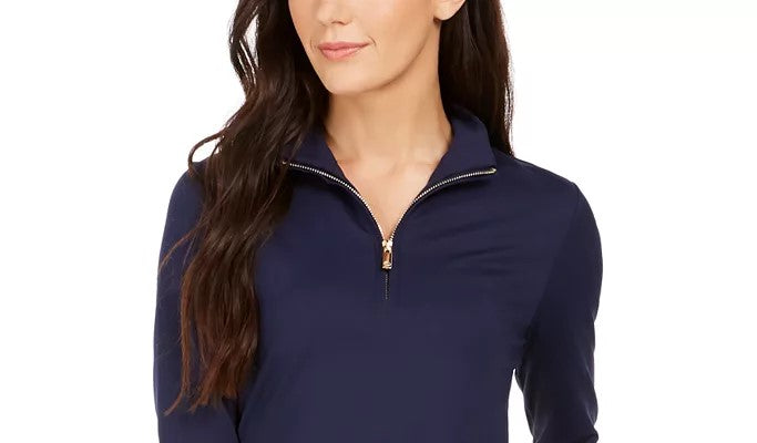 Camiseta feminina Charter Club com zíper e manga curta, azul, tamanho pequeno