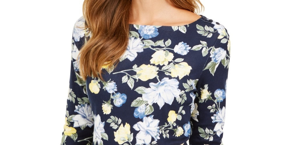 Charter Club Blusa feminina de algodão pima com estampa floral e gola canoa, azul, tamanho médio
