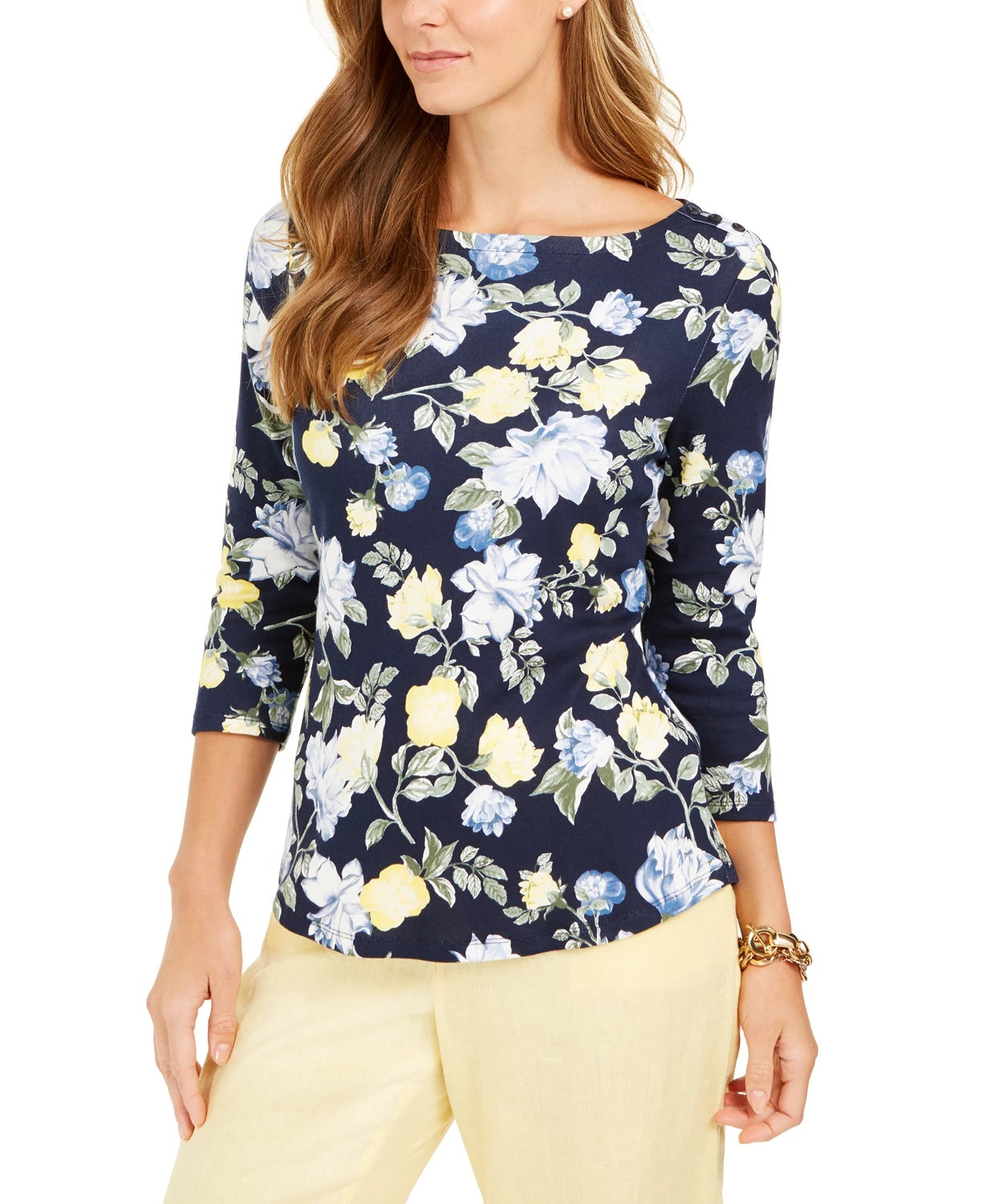 Charter Club Blusa feminina de algodão pima com estampa floral e gola canoa, azul, tamanho pequeno