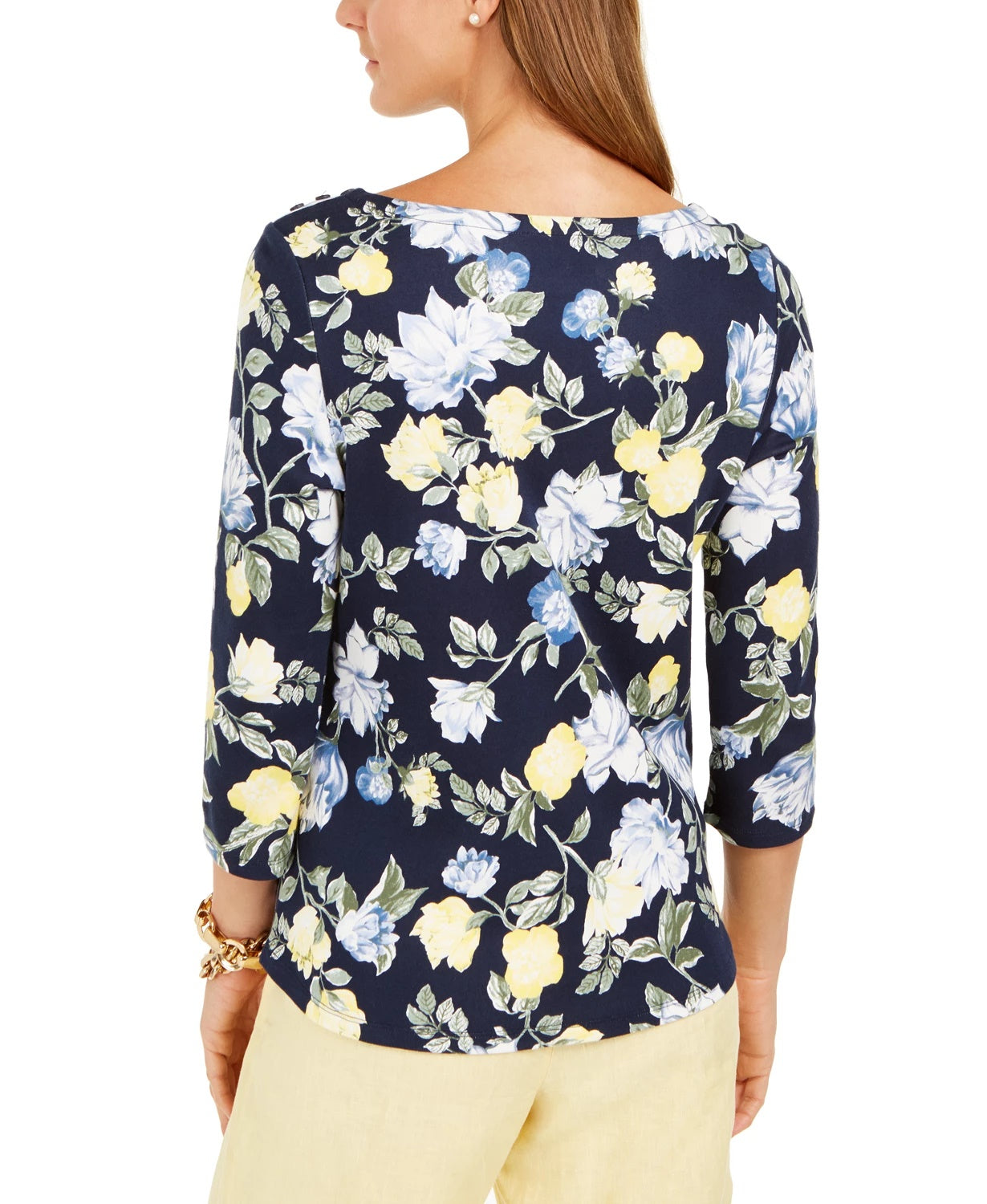 Charter Club Blusa feminina de algodão pima com estampa floral e gola canoa, azul, tamanho pequeno