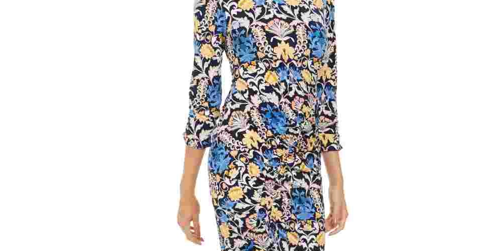 Vestido midi feminino estampado assimétrico em mistura de linho, azul, tamanho pequeno, da INC International Concepts