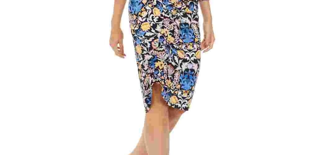 Vestido midi feminino estampado assimétrico em mistura de linho, azul, tamanho pequeno, da INC International Concepts