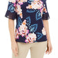 Blusa feminina com decote em V e estampa floral Liza da JM Collection, azul, tamanho X-G