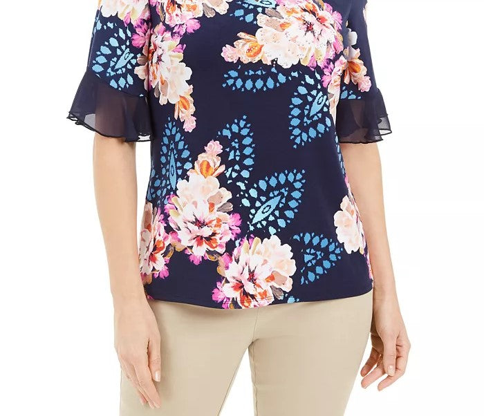 Blusa feminina com decote em V e estampa floral Liza da JM Collection, azul, tamanho X-G