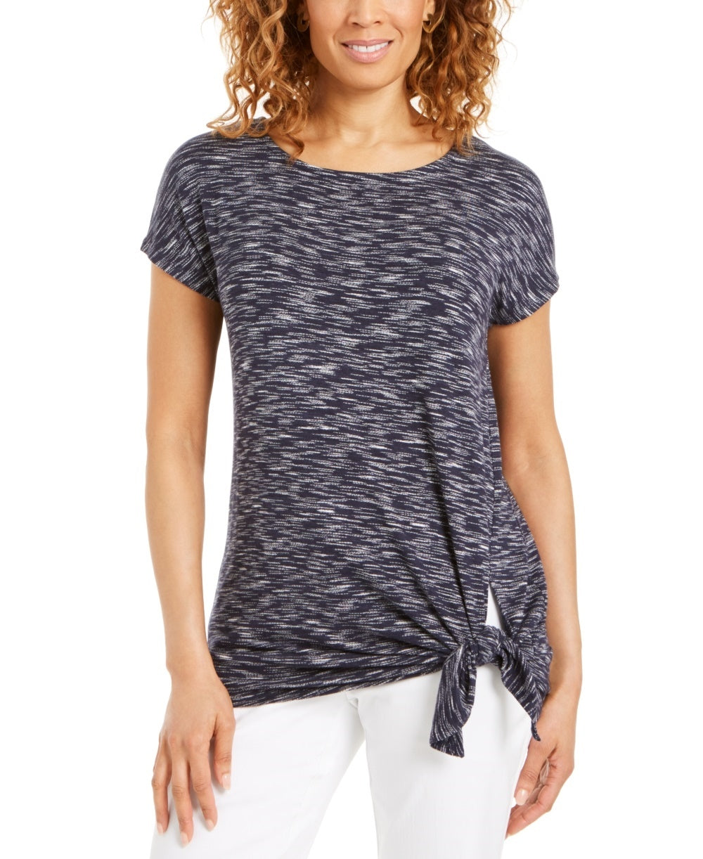 Camiseta feminina com amarração na bainha JM Collection, azul médio, tamanho pequeno