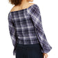 INC International Concepts Top feminino xadrez com corpete franzido turquesa/azul-marinho tamanho pequeno