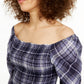 INC International Concepts Top feminino xadrez com corpete franzido turquesa/azul-marinho tamanho pequeno