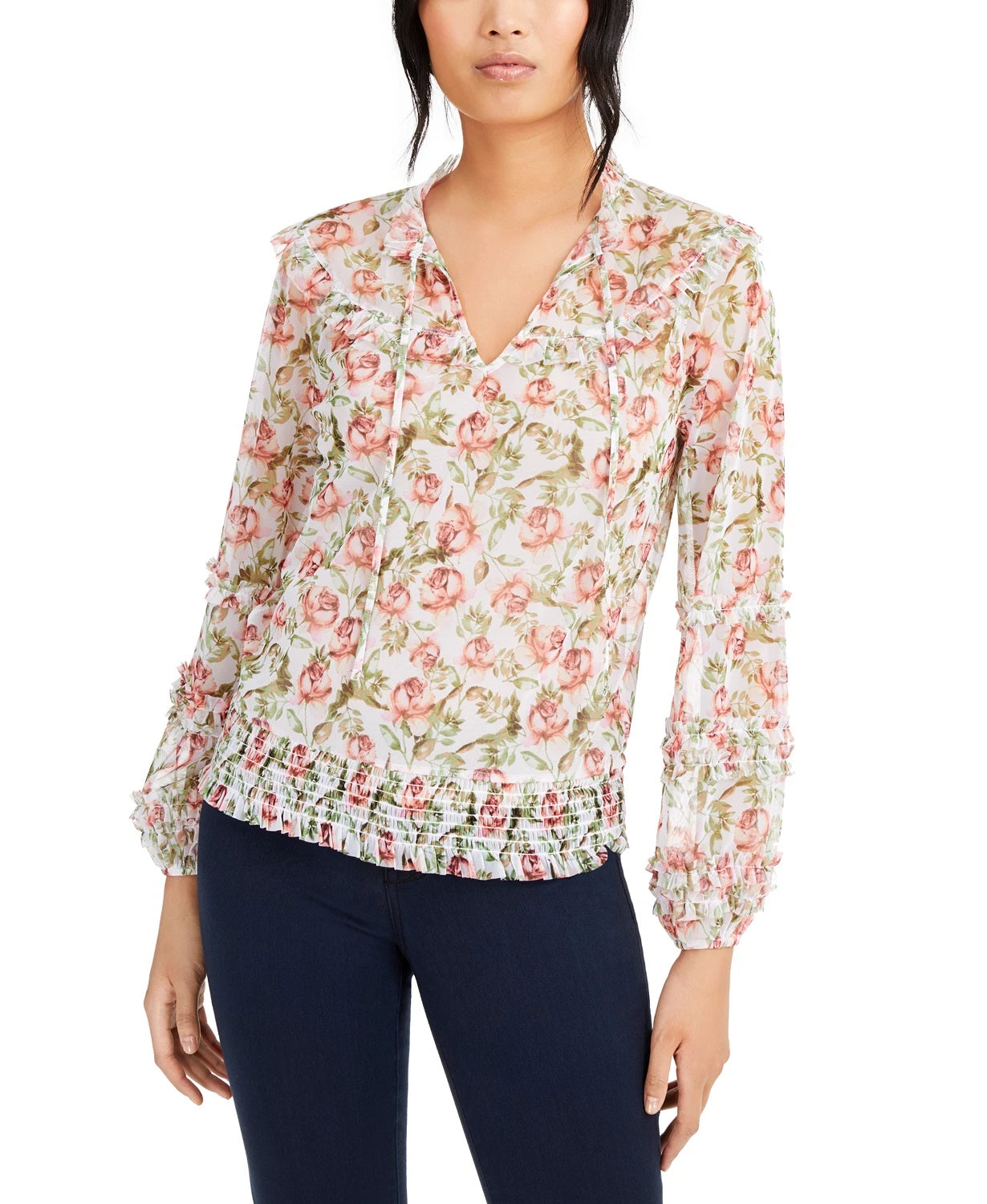 Blusa feminina estampada estilo camponês INC International Concepts, branca, tamanho pequeno