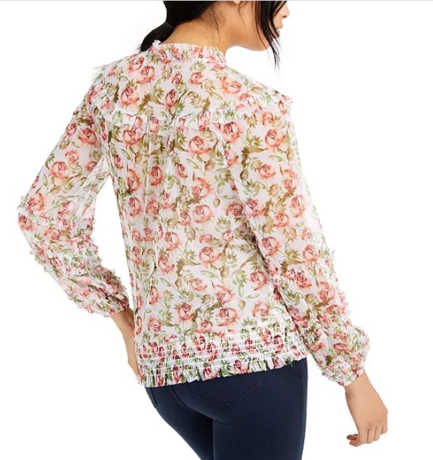 Blusa feminina estampada estilo camponês INC International Concepts, branca, tamanho pequeno