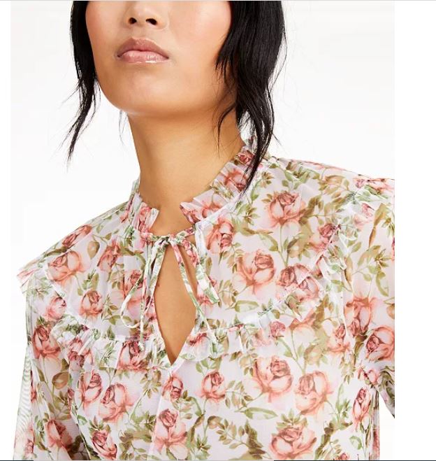 Blusa feminina estampada estilo camponês INC International Concepts, branca, tamanho pequeno