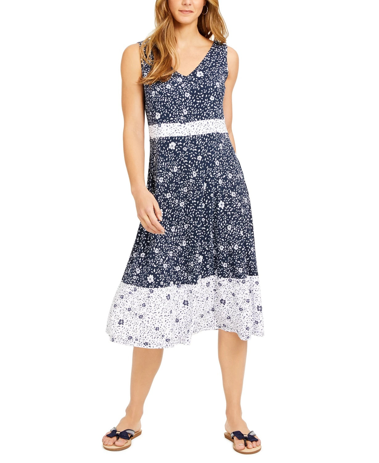 Vestido floral feminino Charter Club sem mangas, azul, tamanho médio