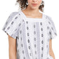 Top feminino estampado com decote quadrado e amarração frontal, tamanho médio, azul-marinho, estilo Style &amp; Co