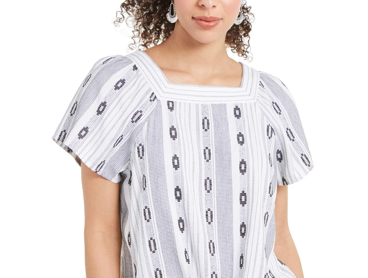Top feminino estampado com decote quadrado e amarração frontal, tamanho médio, azul-marinho, estilo Style &amp; Co