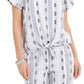 Top feminino estampado com decote quadrado e amarração frontal, tamanho médio, azul-marinho, estilo Style &amp; Co