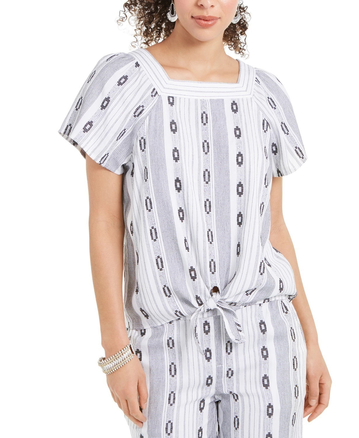 Blusa feminina estampada com decote quadrado e amarração frontal, tamanho grande, branca, estilo &amp; co