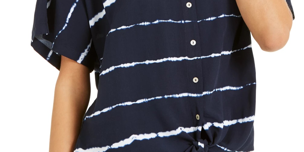 Blusa feminina listrada tie-dye com amarração frontal, tamanho médio, azul-marinho, estilo &amp; co