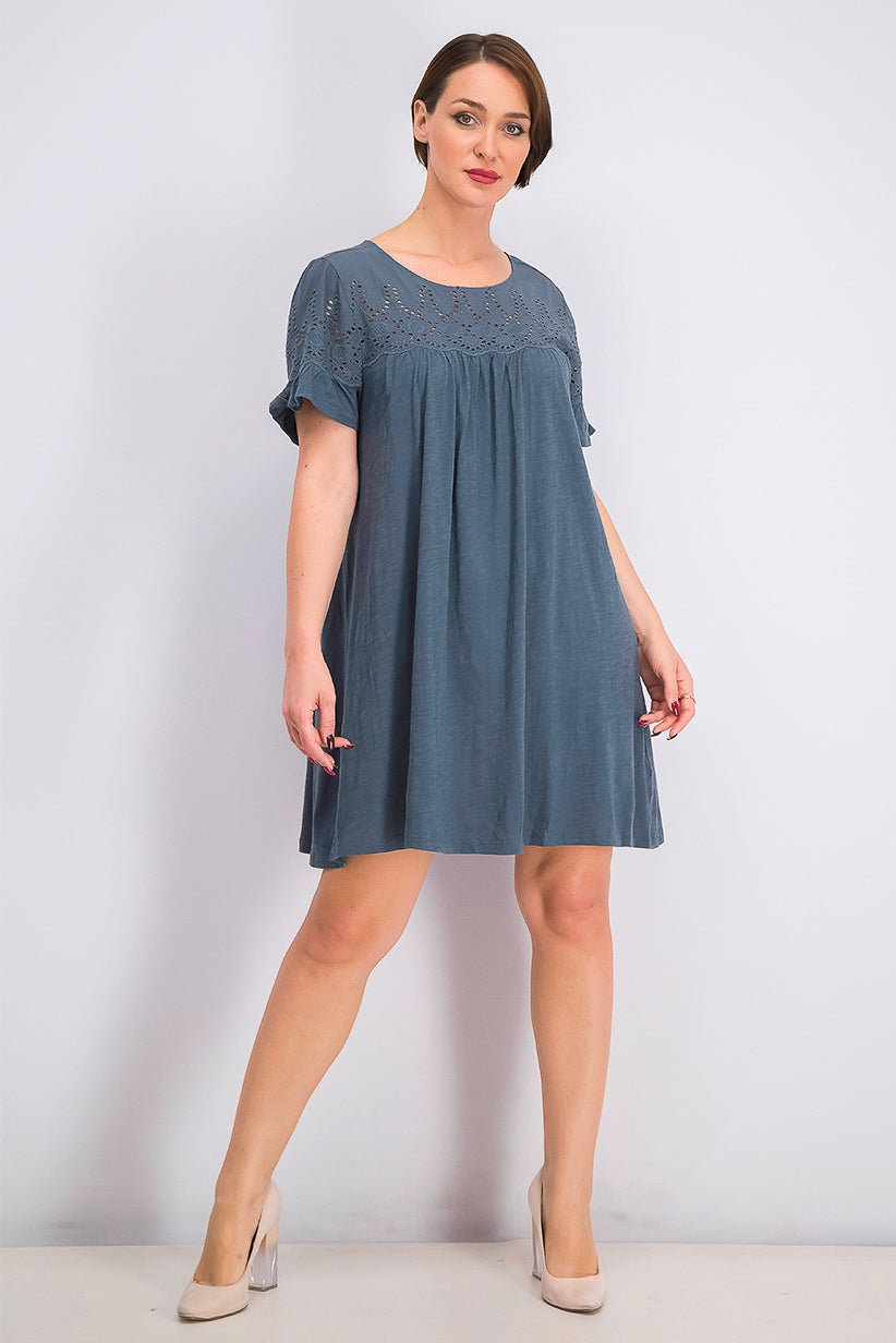 Vestido estilo camiseta feminino com mangas esvoaçantes, cinza escuro, tamanho médio