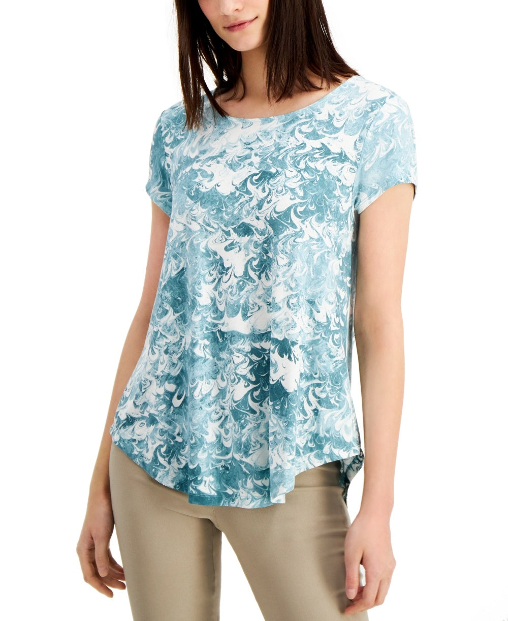 Blusa feminina Alfani com estampa azul-petróleo e manga curta, gola redonda, verde, tamanho pequeno