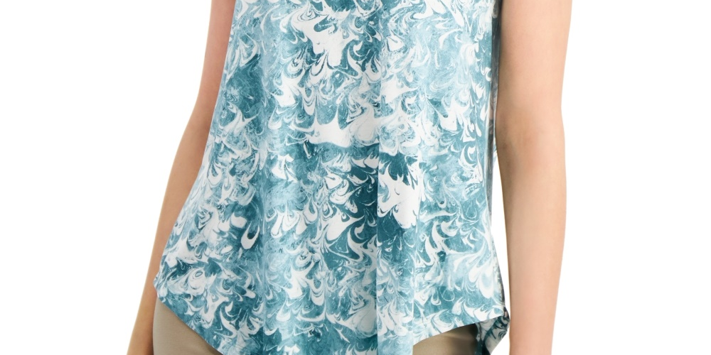 Blusa feminina Alfani com estampa azul-petróleo e manga curta, gola redonda, verde, tamanho pequeno