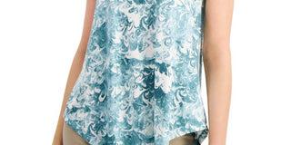 Blusa feminina Alfani com estampa azul-petróleo e manga curta, gola redonda, verde, tamanho pequeno