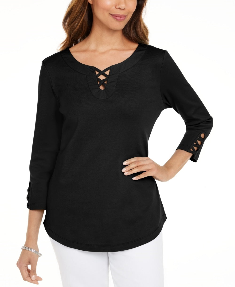 Camiseta feminina Karen Scott de algodão com cadarço, preta, tamanho X-S