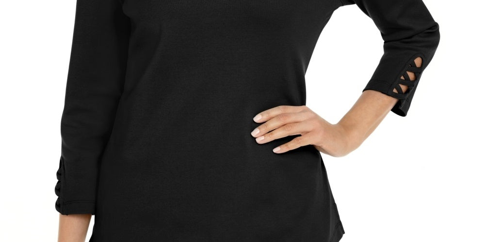 Camiseta feminina Karen Scott de algodão com cadarço, preta, tamanho X-S
